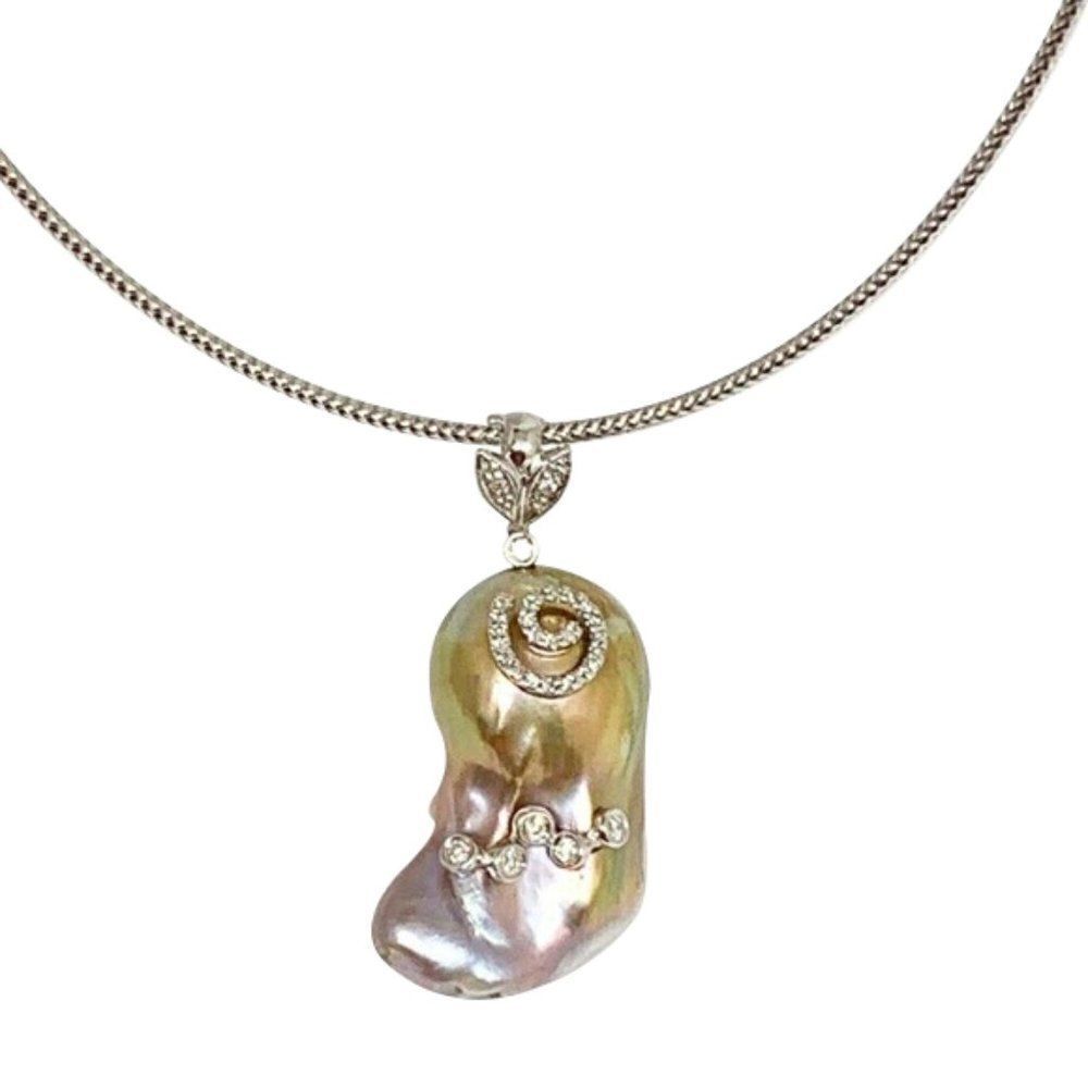 Diamond Fresh Water Pearl Necklace Baroque 14k Gold Italy Certified $3950 914368